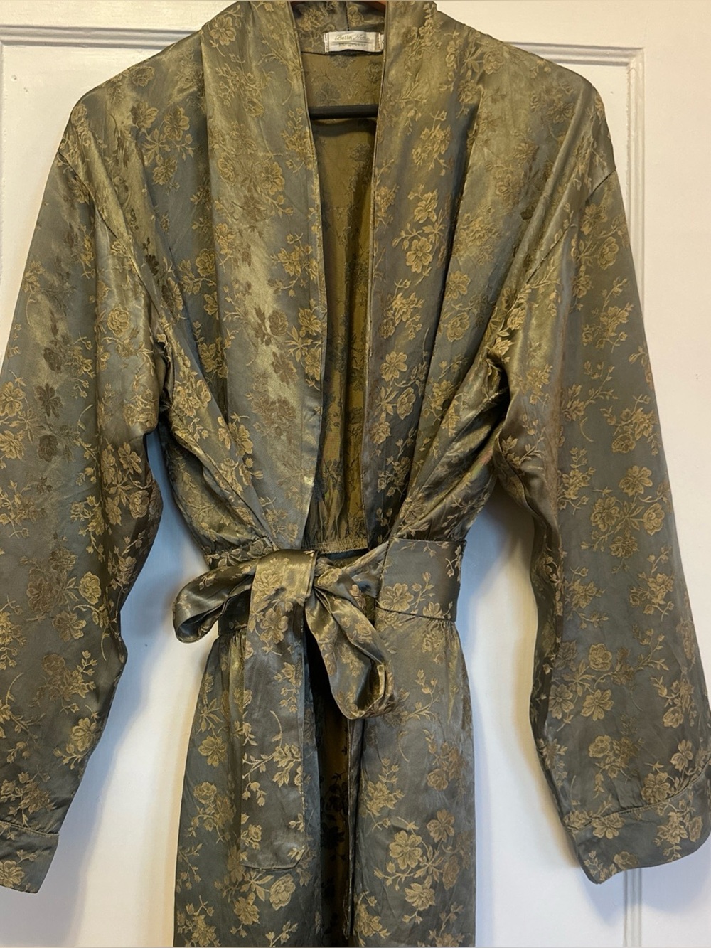 Bella Notte Luxury Robe Floral Jacquard Kimono Style Olive Green and Gold Small